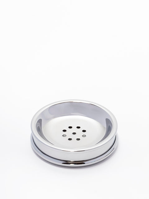 Giobagnara Ravello soap bowl | Part of the minimal Ravello bathroom collection | Crafted with partially leather-covered metal and smooth rounded edges | Features a non-slip waterproof rubber base | Available in chrome, bronze, or brass finishes | Bathroom accessories | 2Jour Concierge, your luxury lifestyle shop