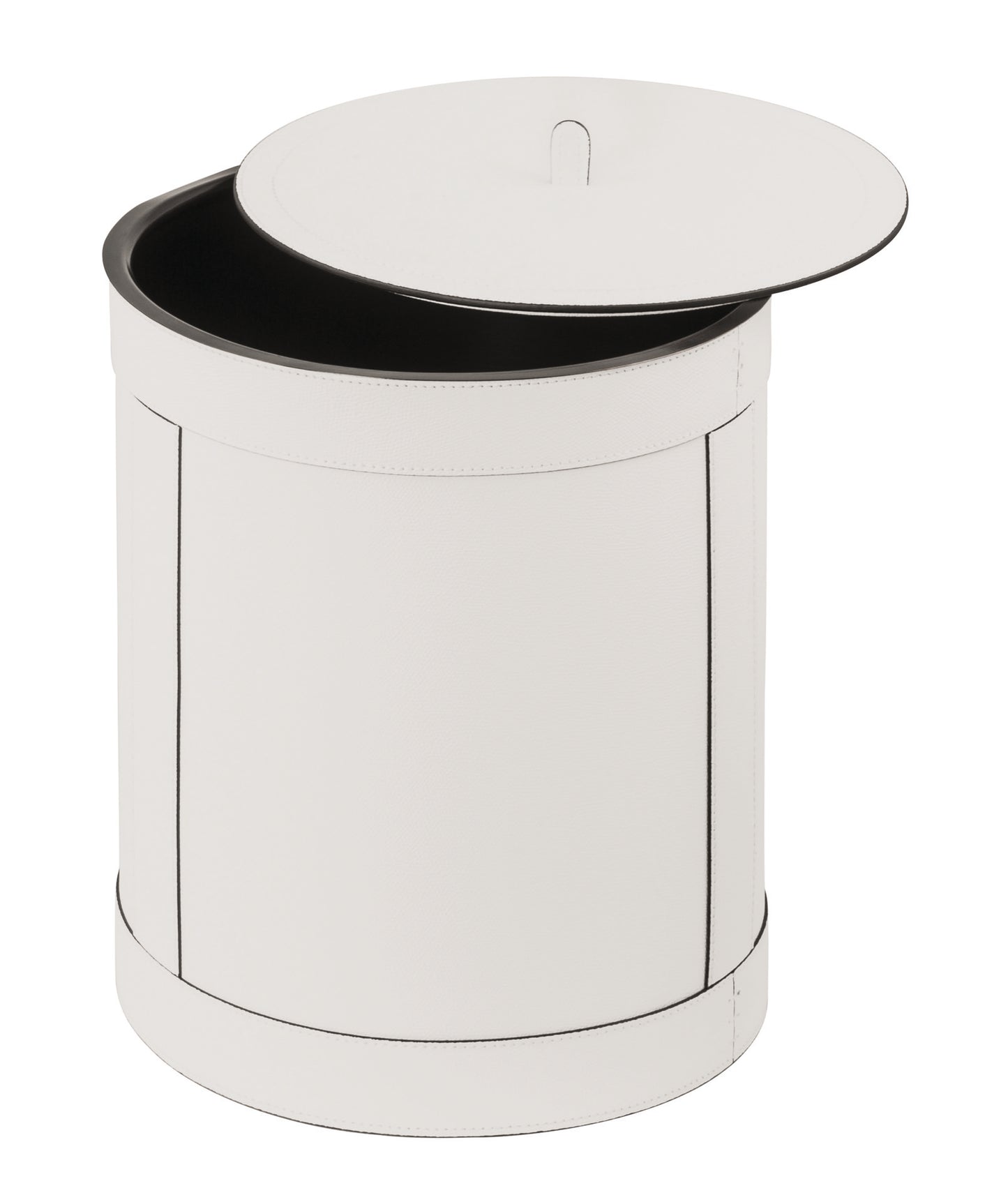 Giobagnara | Brus All-Leather Bin: All-leather bin with removable metal inner part, available in seven sizes with or without lid | Storage / Bins | 2Jour Concierge, your luxury lifestyle shop | luxury leather bin, designer waste bin, leather storage accessories, Italian leather objects, high-end interior accessories, luxury home office bin, designer bin with lid, Giobagnara leather goods, premium desk accessories, refined storage solutions