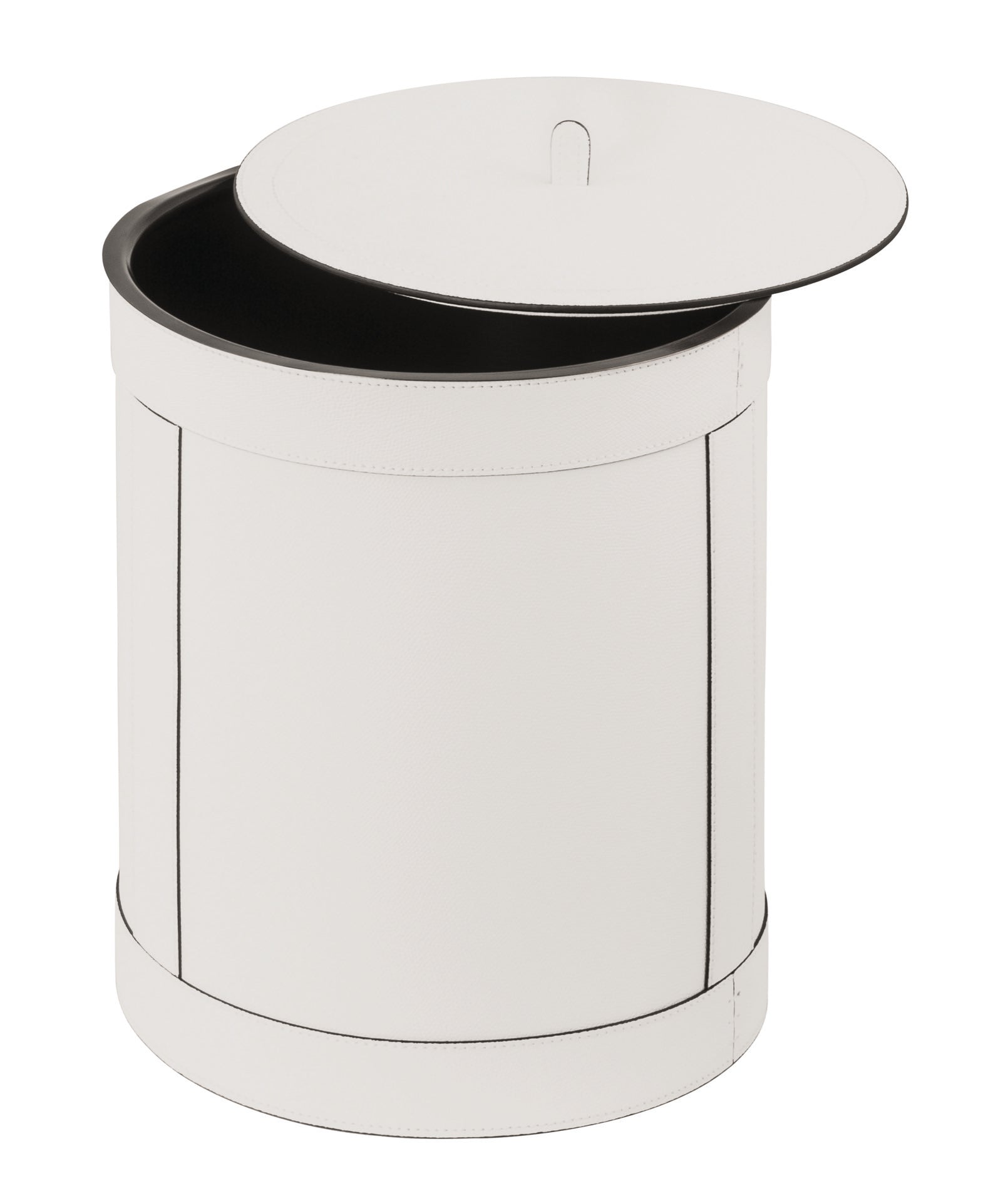 Giobagnara | Brus All-Leather Bin: All-leather bin with removable metal inner part, available in seven sizes with or without lid | Storage / Bins | 2Jour Concierge, your luxury lifestyle shop | luxury leather bin, designer waste bin, leather storage accessories, Italian leather objects, high-end interior accessories, luxury home office bin, designer bin with lid, Giobagnara leather goods, premium desk accessories, refined storage solutions