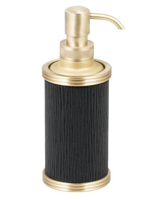 Giobagnara Amalfi Leather-Covered Brass Soap Dispenser | Part of Amalfi Leather-Covered Brass Bathroom Set | Elegant Design with Leather Cover | Brass Base for Durability | Non-Slip Waterproof Rubber Base | Explore the Amalfi Collection at 2Jour Concierge, #1 luxury high-end gift & lifestyle shop