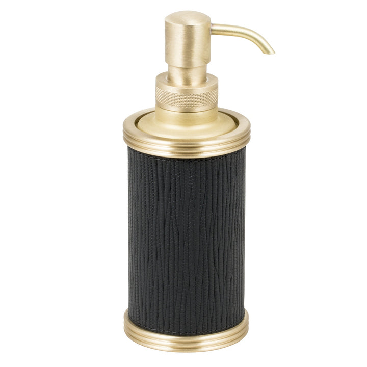 Giobagnara Amalfi Leather-Covered Brass Soap Dispenser | Part of Amalfi Leather-Covered Brass Bathroom Set | Elegant Design with Leather Cover | Brass Base for Durability | Non-Slip Waterproof Rubber Base | Explore the Amalfi Collection at 2Jour Concierge, #1 luxury high-end gift & lifestyle shop