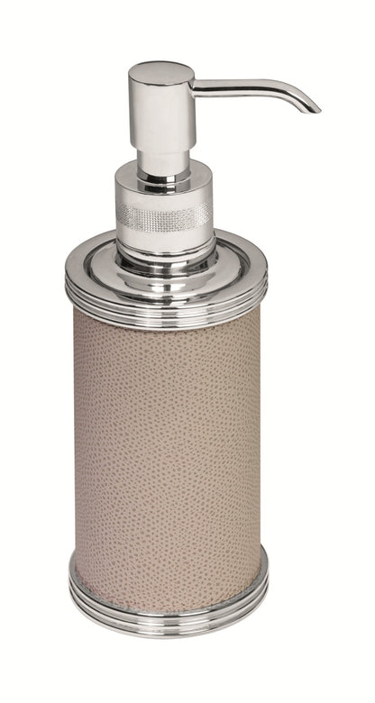Giobagnara Amalfi Leather-Covered Brass Soap Dispenser | Part of Amalfi Leather-Covered Brass Bathroom Set | Elegant Design with Leather Cover | Brass Base for Durability | Non-Slip Waterproof Rubber Base | Explore the Amalfi Collection at 2Jour Concierge, #1 luxury high-end gift & lifestyle shop