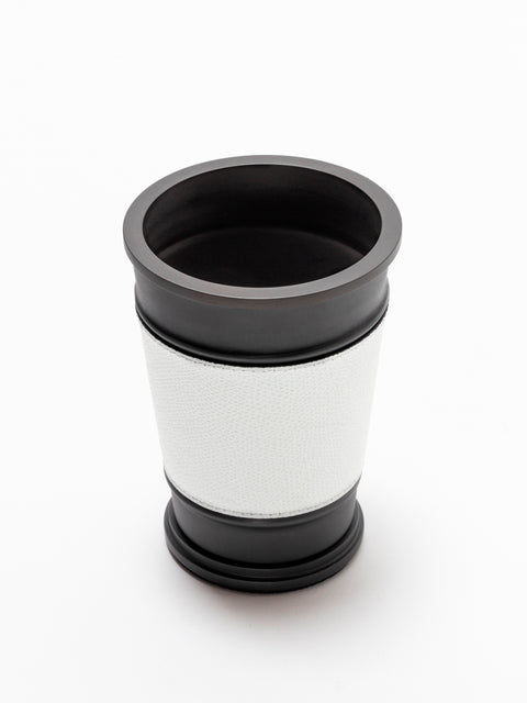 Giobagnara Manhattan toothbrush holder | Contemporary leather and metal piece from the Manhattan collection | Characterized by geometric shaping and refined detailing | Non-slip waterproof rubber base for stability | Available in chrome, bronze, or brass finishes | Bathroom accessories | 2Jour Concierge, your luxury lifestyle shop