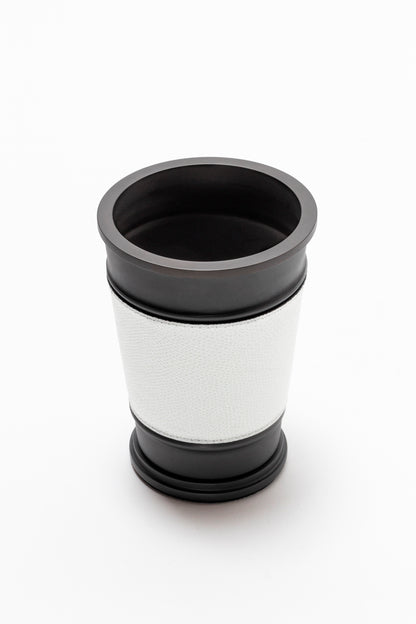 Giobagnara Manhattan toothbrush holder | Contemporary leather and metal piece from the Manhattan collection | Characterized by geometric shaping and refined detailing | Non-slip waterproof rubber base for stability | Available in chrome, bronze, or brass finishes | Bathroom accessories | 2Jour Concierge, your luxury lifestyle shop