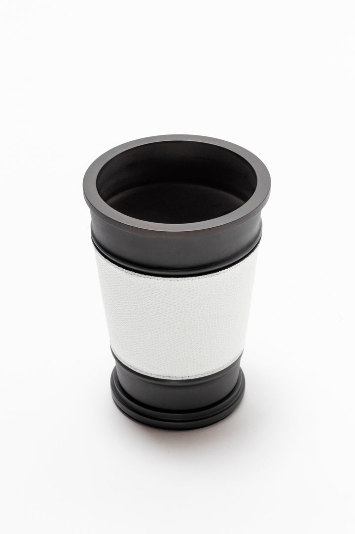 Giobagnara Manhattan toothbrush holder | Contemporary leather and metal piece from the Manhattan collection | Characterized by geometric shaping and refined detailing | Non-slip waterproof rubber base for stability | Available in chrome, bronze, or brass finishes | Bathroom accessories | 2Jour Concierge, your luxury lifestyle shop