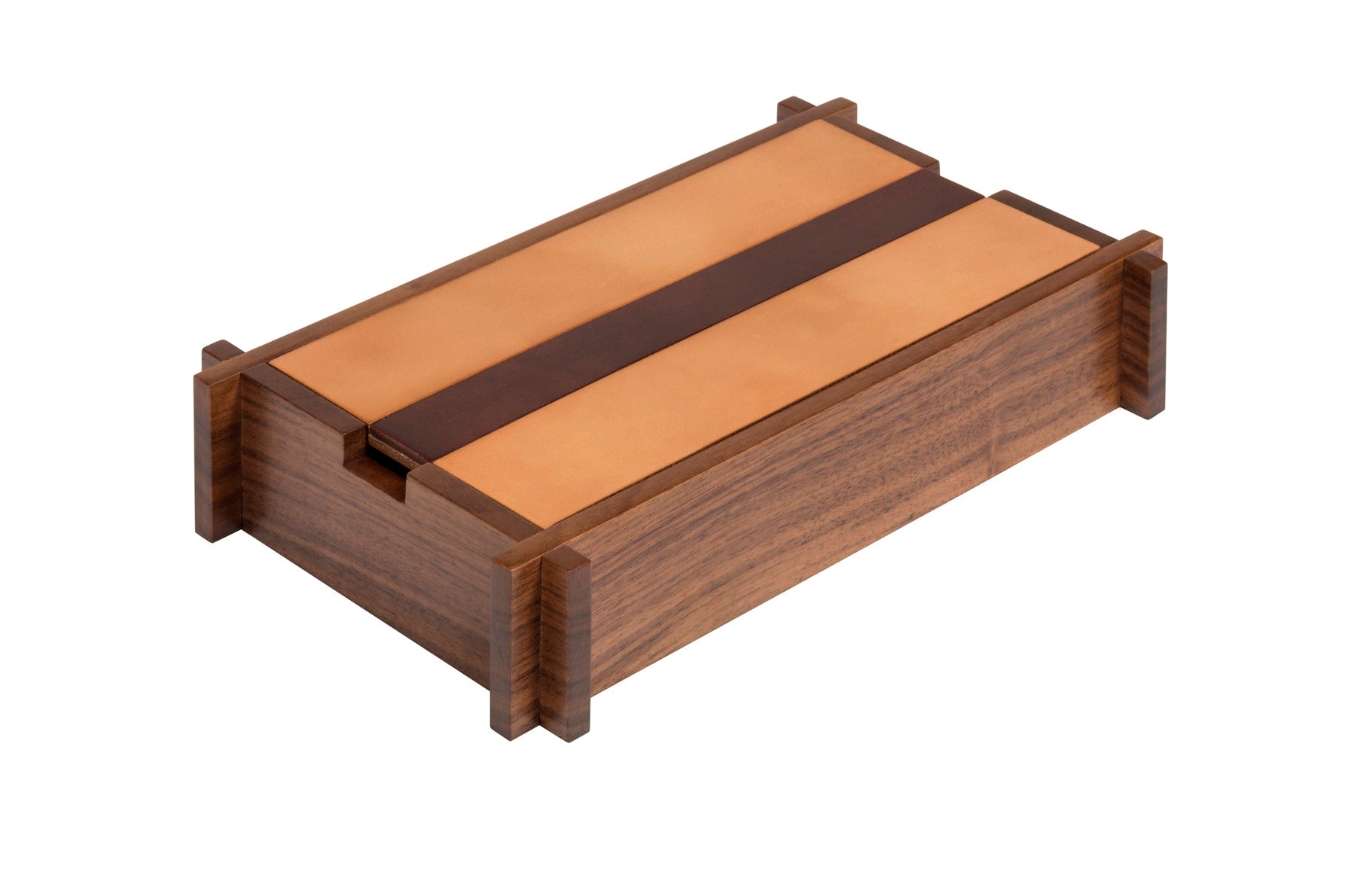 Giobagnara Structura Rectangular Trinket Box | Walnut wood structure with sole leather cover featuring an engraved decorative stripe | Solid yet lightweight design with a vintage look that ages gracefully | Home Decor and Storage | 2Jour Concierge, your luxury lifestyle shop