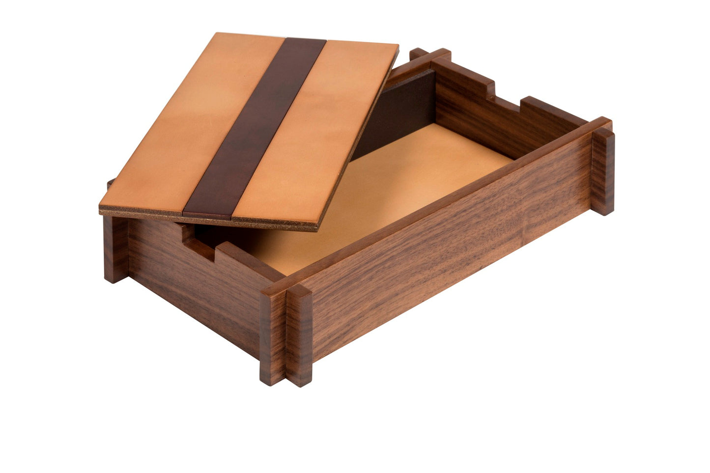 Giobagnara Structura Rectangular Trinket Box | Walnut wood structure with sole leather cover featuring an engraved decorative stripe | Solid yet lightweight design with a vintage look that ages gracefully | Home Decor and Storage | 2Jour Concierge, your luxury lifestyle shop