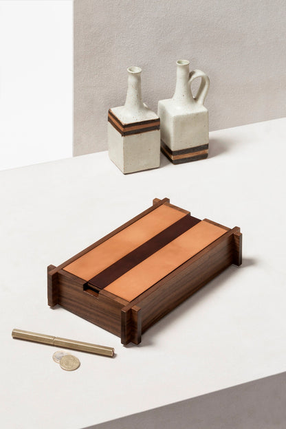 Giobagnara Structura Rectangular Trinket Box | Walnut wood structure with sole leather cover featuring an engraved decorative stripe | Solid yet lightweight design with a vintage look that ages gracefully | Home Decor and Storage | 2Jour Concierge, your luxury lifestyle shop