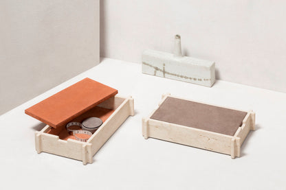 Giobagnara Structura Leather & Marble Rectangular Box | Minimalist design with distinctive "L" shaped corners | Crafted with travertine marble and the finest Italian leather for a perfectly balanced aesthetic | Home Decor and Storage | 2Jour Concierge, your luxury lifestyle shop