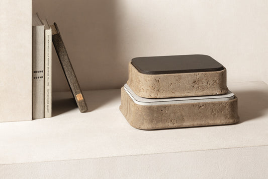 Giobagnara | Rodi Marble Box: Travertine marble with removable leather lid, available in various shapes and sizes | Decor / Trinket Boxes | 2Jour Concierge, your luxury lifestyle shop | Italian marble, natural texture, handcrafted detail, sculptural design
