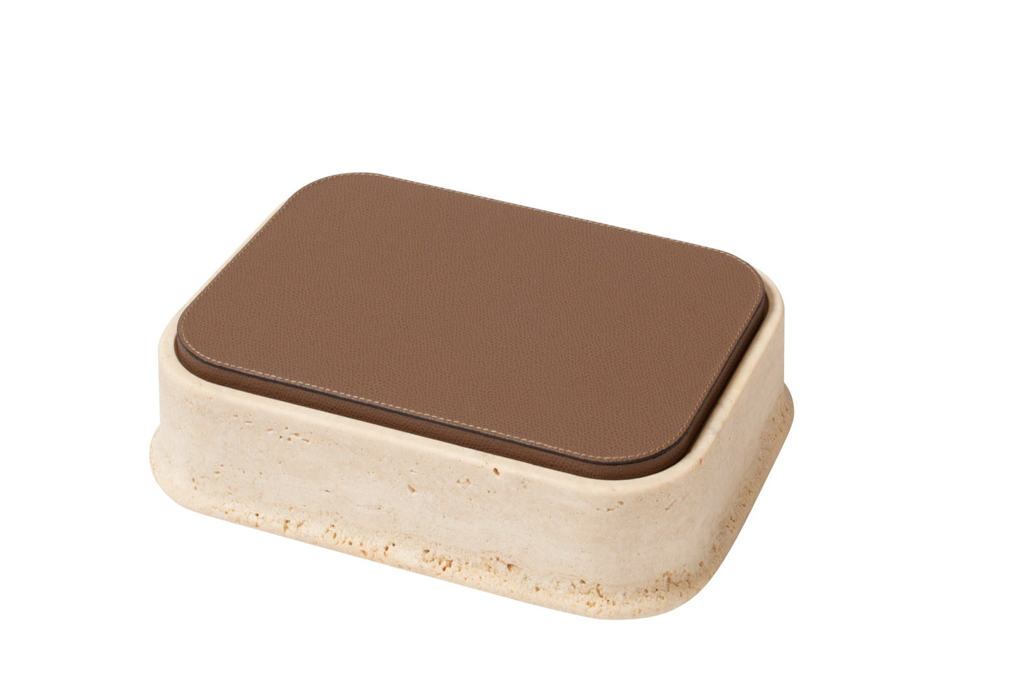 Giobagnara | Rodi Marble Box: Travertine marble with removable leather lid, available in various shapes and sizes | Decor / Trinket Boxes | 2Jour Concierge, your luxury lifestyle shop | Italian marble, natural texture, handcrafted detail, sculptural design