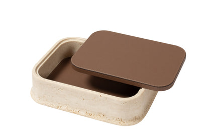 Giobagnara | Rodi Marble Box: Travertine marble with removable leather lid, available in various shapes and sizes | Decor / Trinket Boxes | 2Jour Concierge, your luxury lifestyle shop | Italian marble, natural texture, handcrafted detail, sculptural design