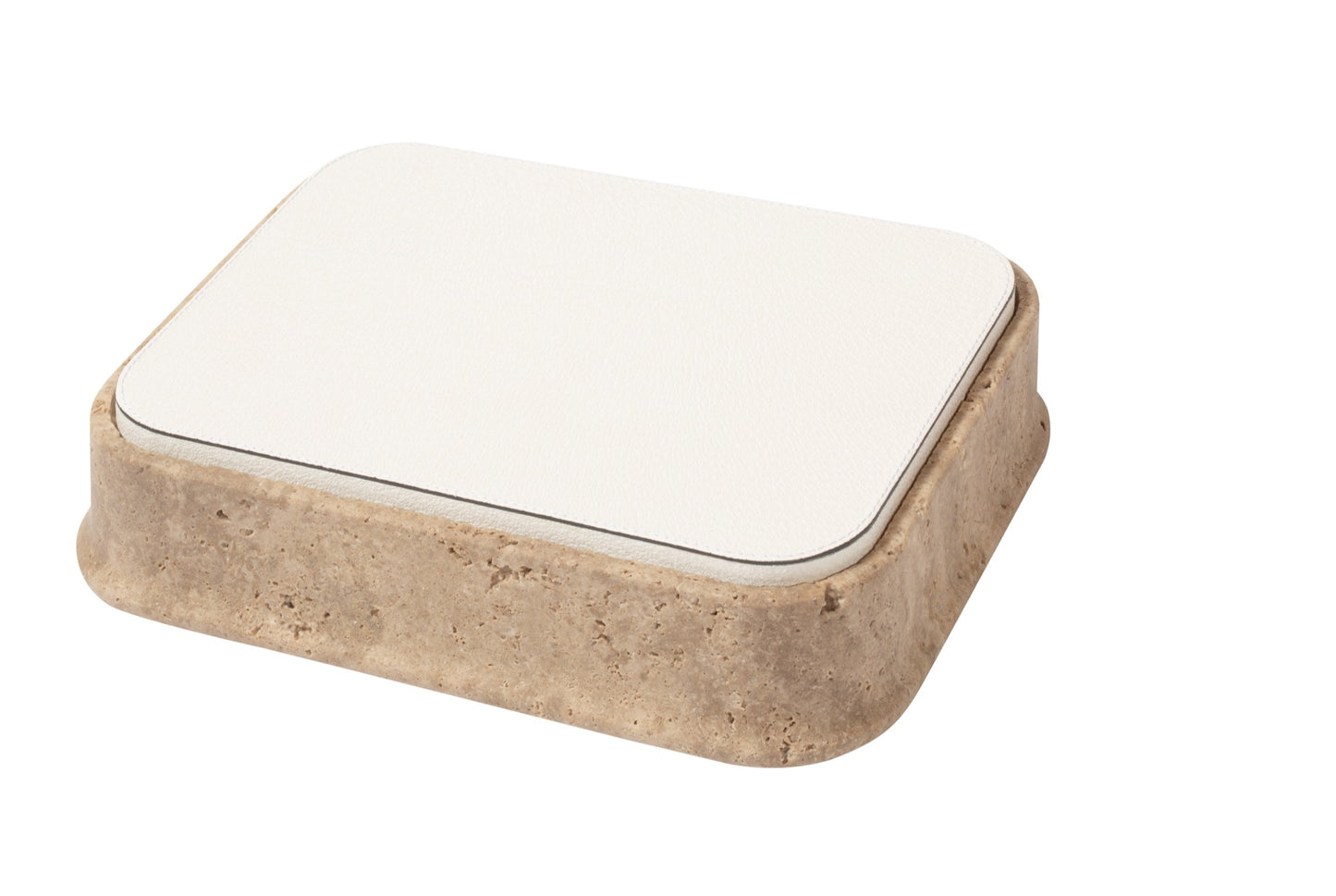 Giobagnara | Rodi Marble Box: Travertine marble with removable leather lid, available in various shapes and sizes | Decor / Trinket Boxes | 2Jour Concierge, your luxury lifestyle shop | Italian marble, natural texture, handcrafted detail, sculptural design