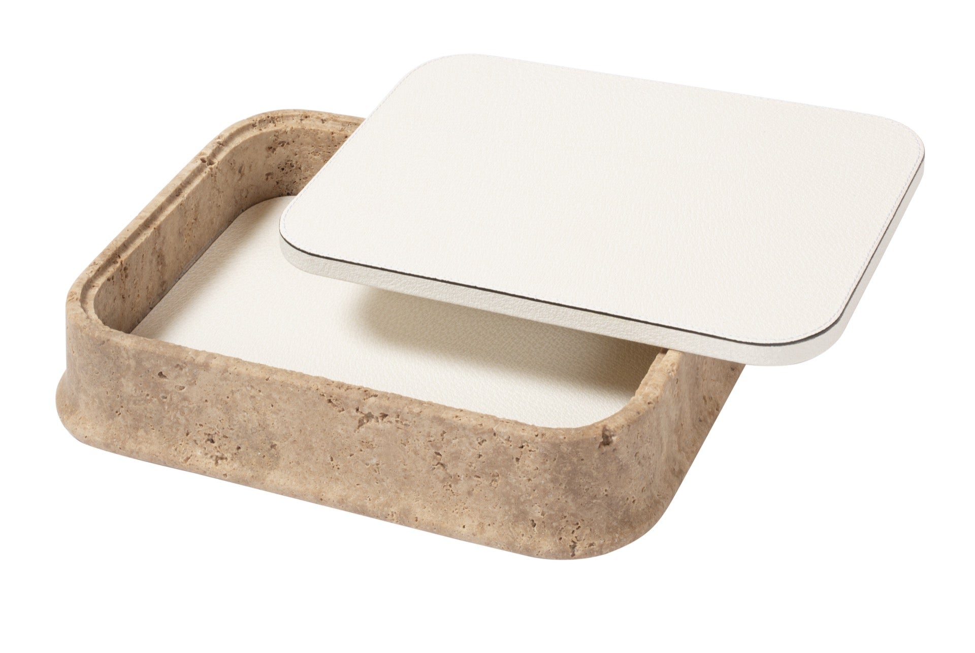 Giobagnara | Rodi Marble Box: Travertine marble with removable leather lid, available in various shapes and sizes | Decor / Trinket Boxes | 2Jour Concierge, your luxury lifestyle shop | Italian marble, natural texture, handcrafted detail, sculptural design