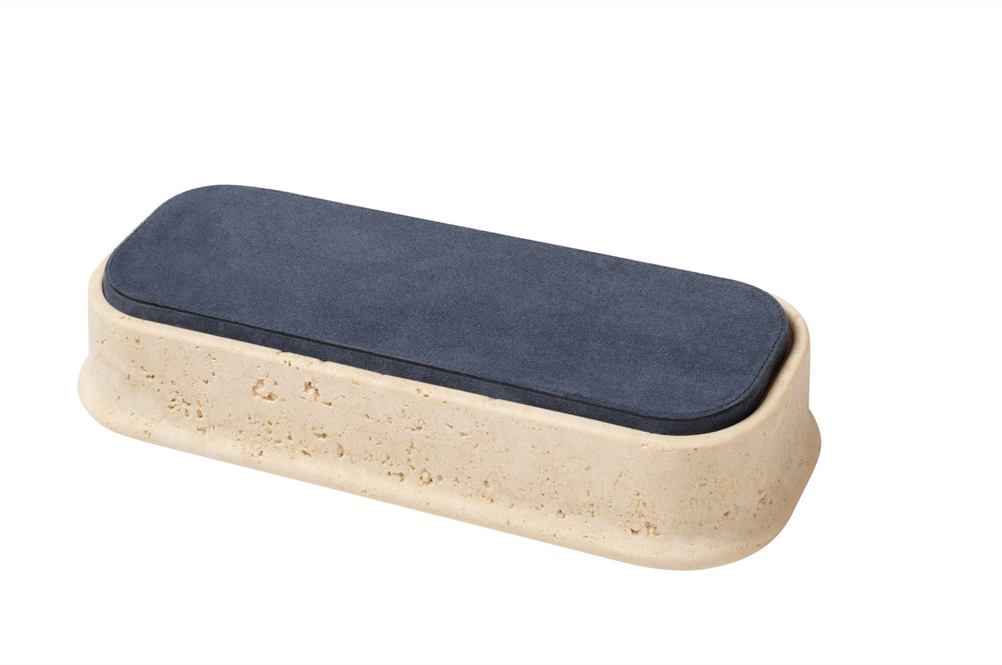 Giobagnara | Rodi Marble Box: Travertine marble with removable leather lid, available in various shapes and sizes | Decor / Trinket Boxes | 2Jour Concierge, your luxury lifestyle shop | Italian marble, natural texture, handcrafted detail, sculptural design