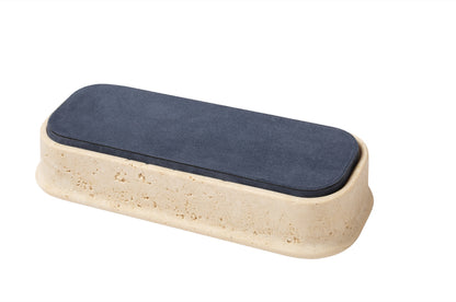 Giobagnara | Rodi Marble Box: Travertine marble with removable leather lid, available in various shapes and sizes | Decor / Trinket Boxes | 2Jour Concierge, your luxury lifestyle shop | Italian marble, natural texture, handcrafted detail, sculptural design