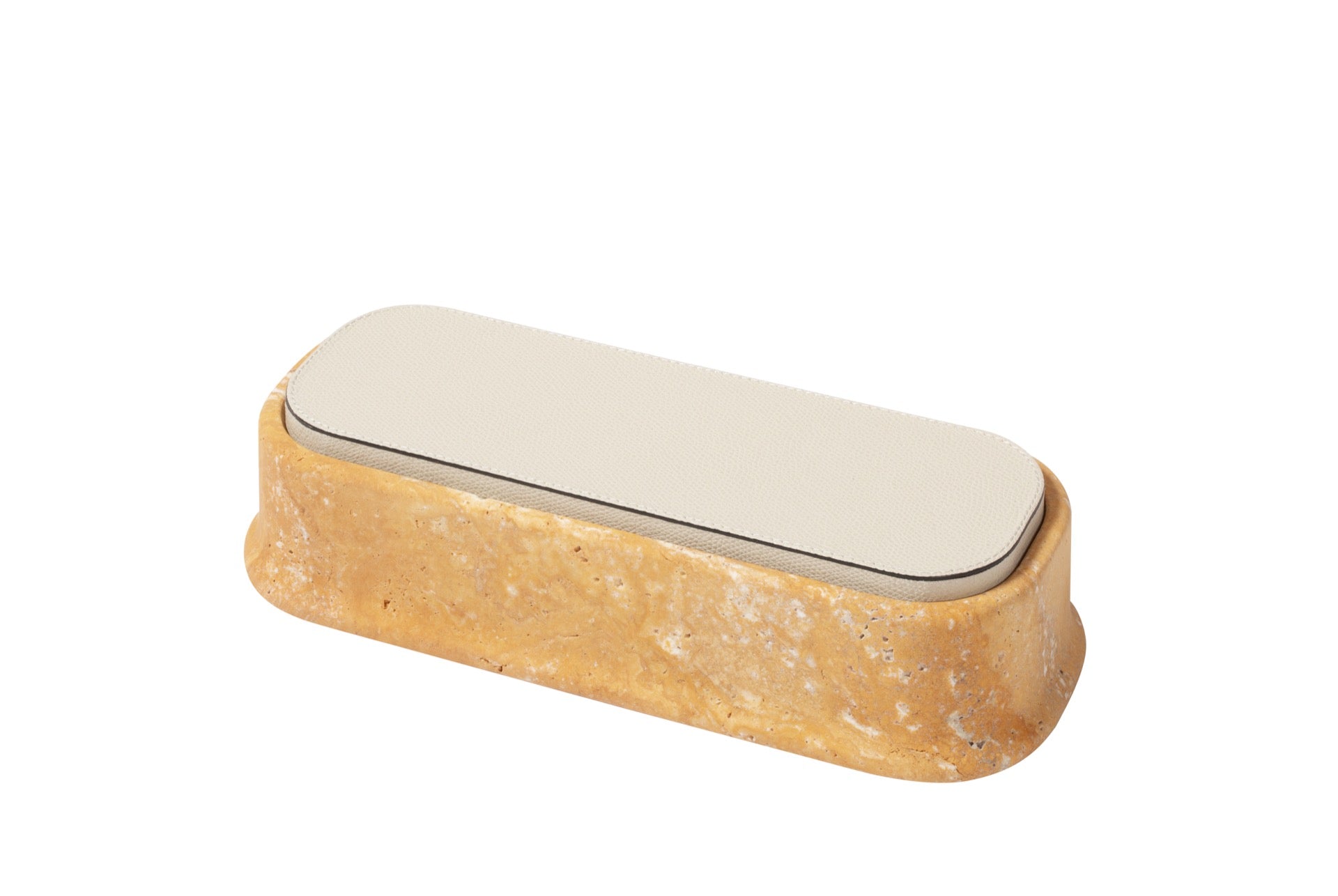 Giobagnara | Rodi Marble Box: Travertine marble with removable leather lid, available in various shapes and sizes | Decor / Trinket Boxes | 2Jour Concierge, your luxury lifestyle shop | Italian marble, natural texture, handcrafted detail, sculptural design