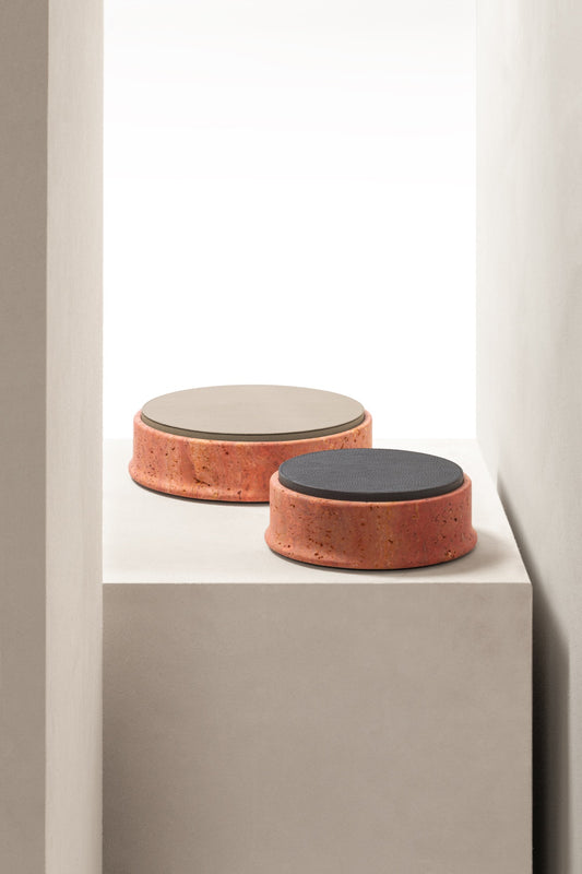 Giobagnara | Rodi Marble Box: Travertine marble with removable leather lid, available in various shapes and sizes | Decor / Trinket Boxes | 2Jour Concierge, your luxury lifestyle shop | Italian marble, natural texture, handcrafted detail, sculptural design