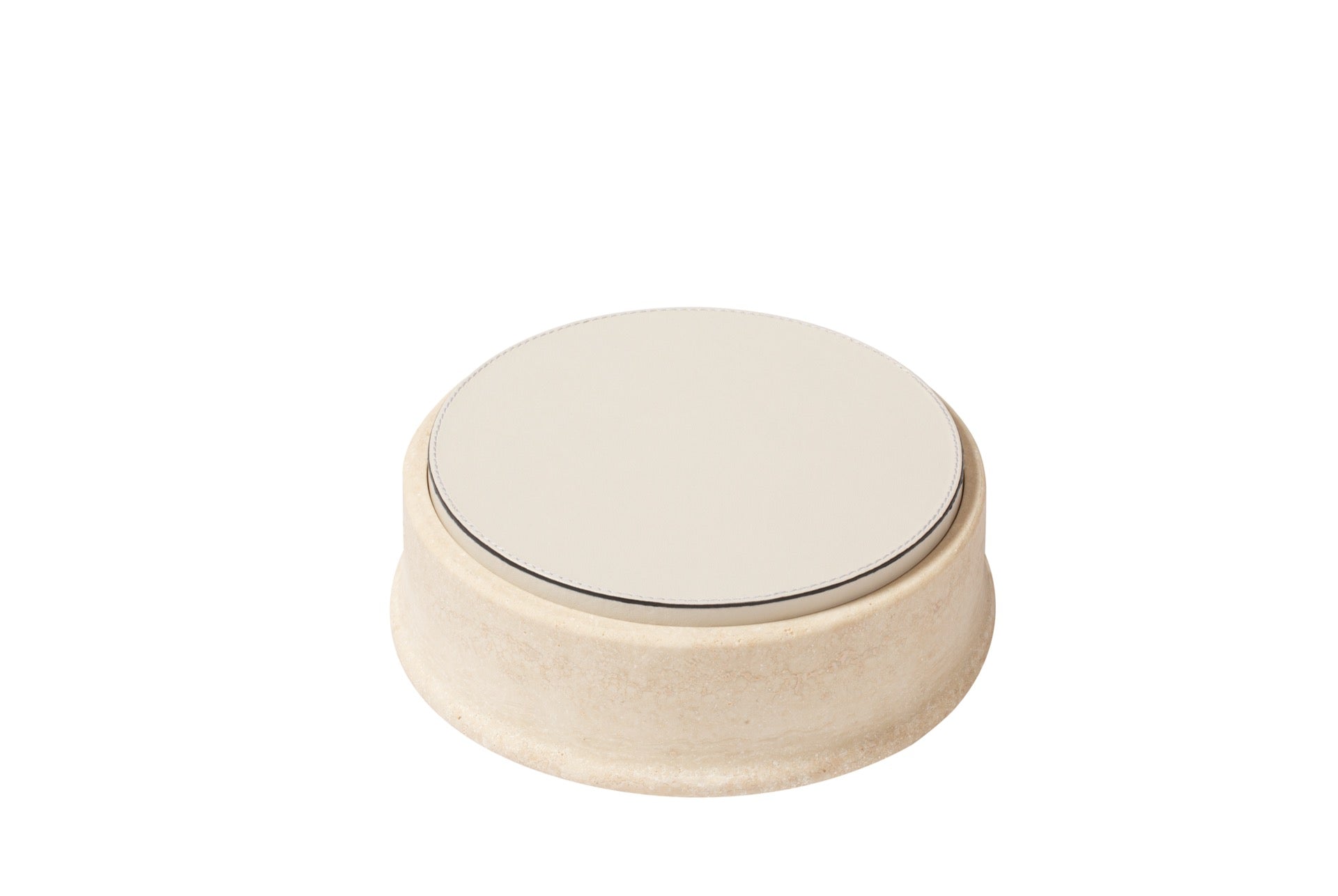 Giobagnara | Rodi Marble Box: Travertine marble with removable leather lid, available in various shapes and sizes | Decor / Trinket Boxes | 2Jour Concierge, your luxury lifestyle shop | Italian marble, natural texture, handcrafted detail, sculptural design