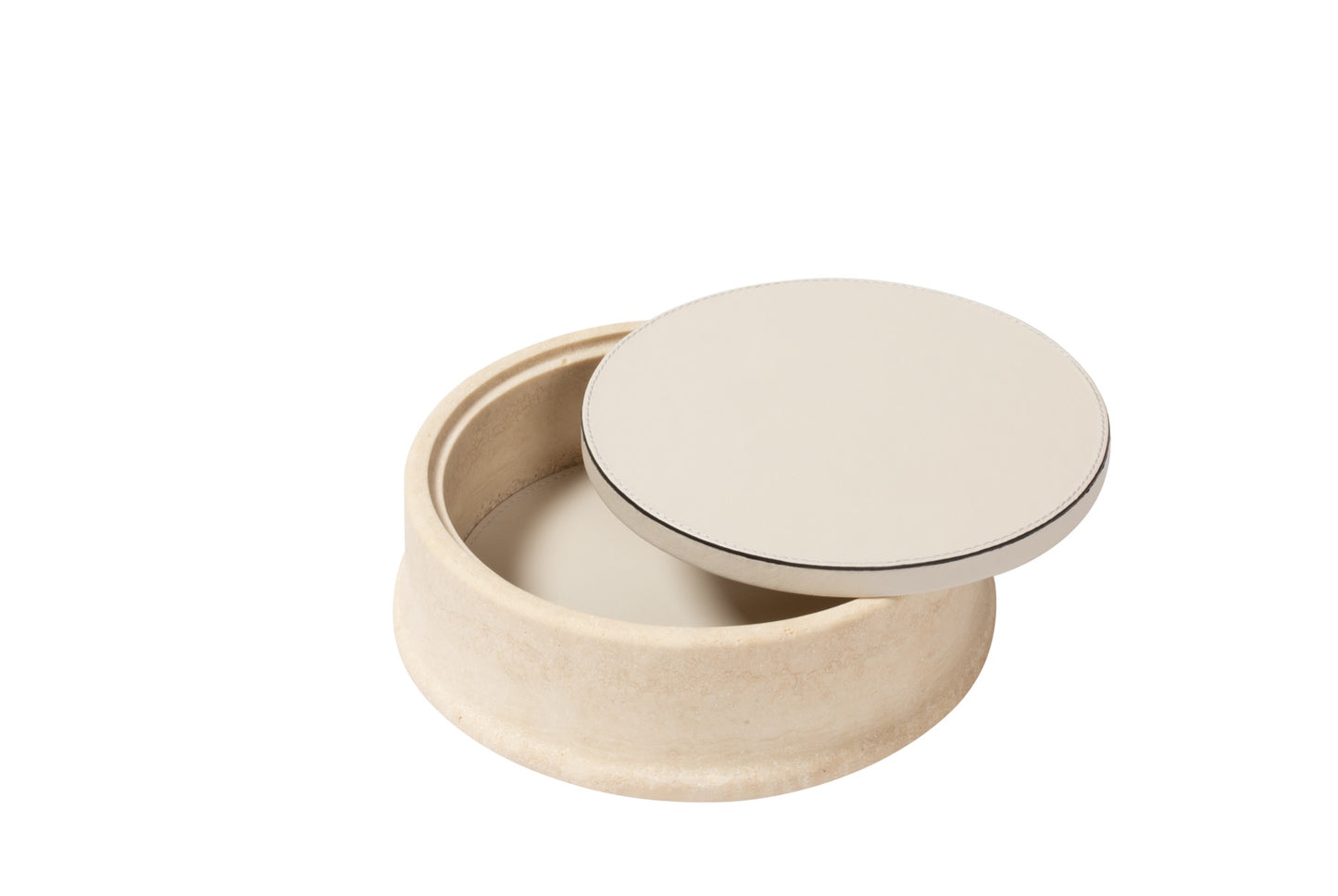 Giobagnara | Rodi Marble Box: Travertine marble with removable leather lid, available in various shapes and sizes | Decor / Trinket Boxes | 2Jour Concierge, your luxury lifestyle shop | Italian marble, natural texture, handcrafted detail, sculptural design