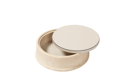 Giobagnara | Rodi Marble Box: Travertine marble with removable leather lid, available in various shapes and sizes | Decor / Trinket Boxes | 2Jour Concierge, your luxury lifestyle shop | Italian marble, natural texture, handcrafted detail, sculptural design