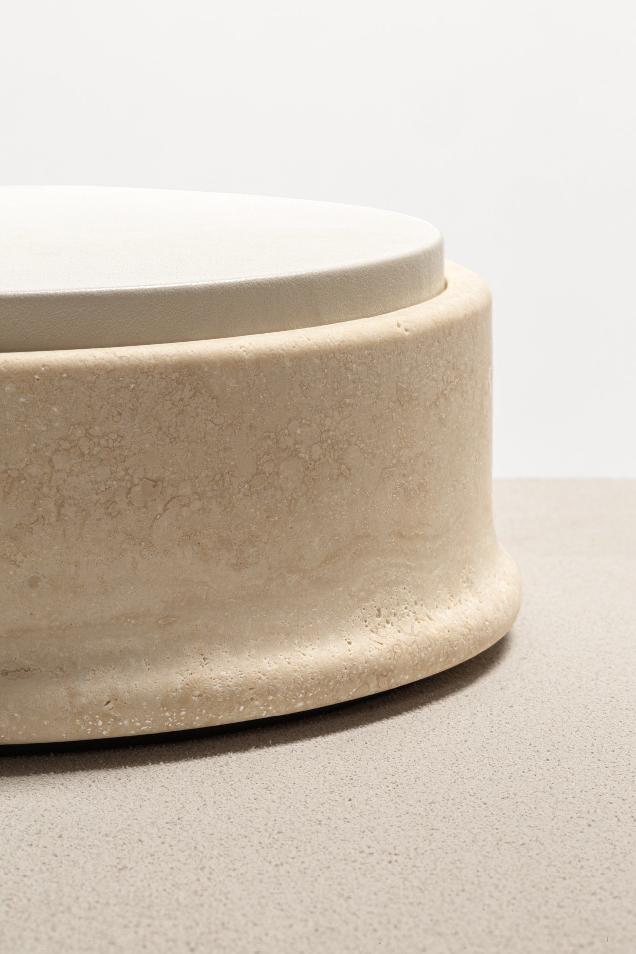Giobagnara | Rodi Marble Box: Travertine marble with removable leather lid, available in various shapes and sizes | Decor / Trinket Boxes | 2Jour Concierge, your luxury lifestyle shop | Italian marble, natural texture, handcrafted detail, sculptural design