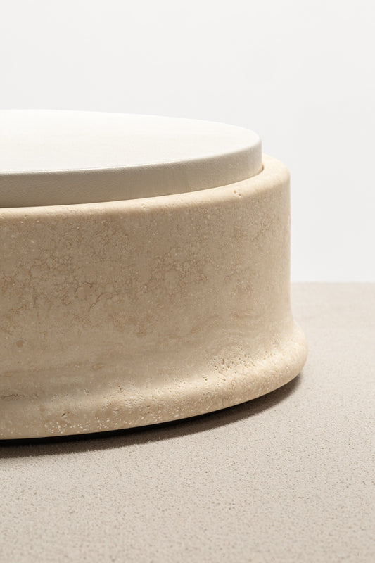 Giobagnara | Rodi Marble Box: Travertine marble with removable leather lid, available in various shapes and sizes | Decor / Trinket Boxes | 2Jour Concierge, your luxury lifestyle shop | Italian marble, natural texture, handcrafted detail, sculptural design