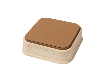 Giobagnara | Rodi Marble Box: Travertine marble with removable leather lid, available in various shapes and sizes | Decor / Trinket Boxes | 2Jour Concierge, your luxury lifestyle shop | Italian marble, natural texture, handcrafted detail, sculptural design
