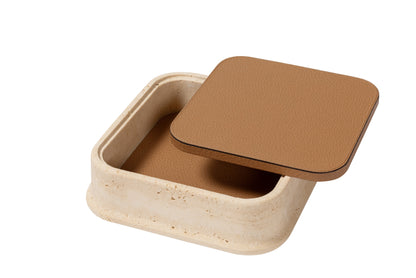 Giobagnara | Rodi Marble Box: Travertine marble with removable leather lid, available in various shapes and sizes | Decor / Trinket Boxes | 2Jour Concierge, your luxury lifestyle shop | Italian marble, natural texture, handcrafted detail, sculptural design