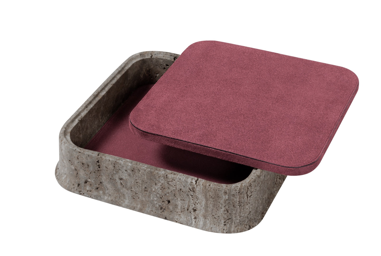 Giobagnara | Rodi Marble Box: Travertine marble with removable leather lid, available in various shapes and sizes | Decor / Trinket Boxes | 2Jour Concierge, your luxury lifestyle shop | Italian marble, natural texture, handcrafted detail, sculptural design