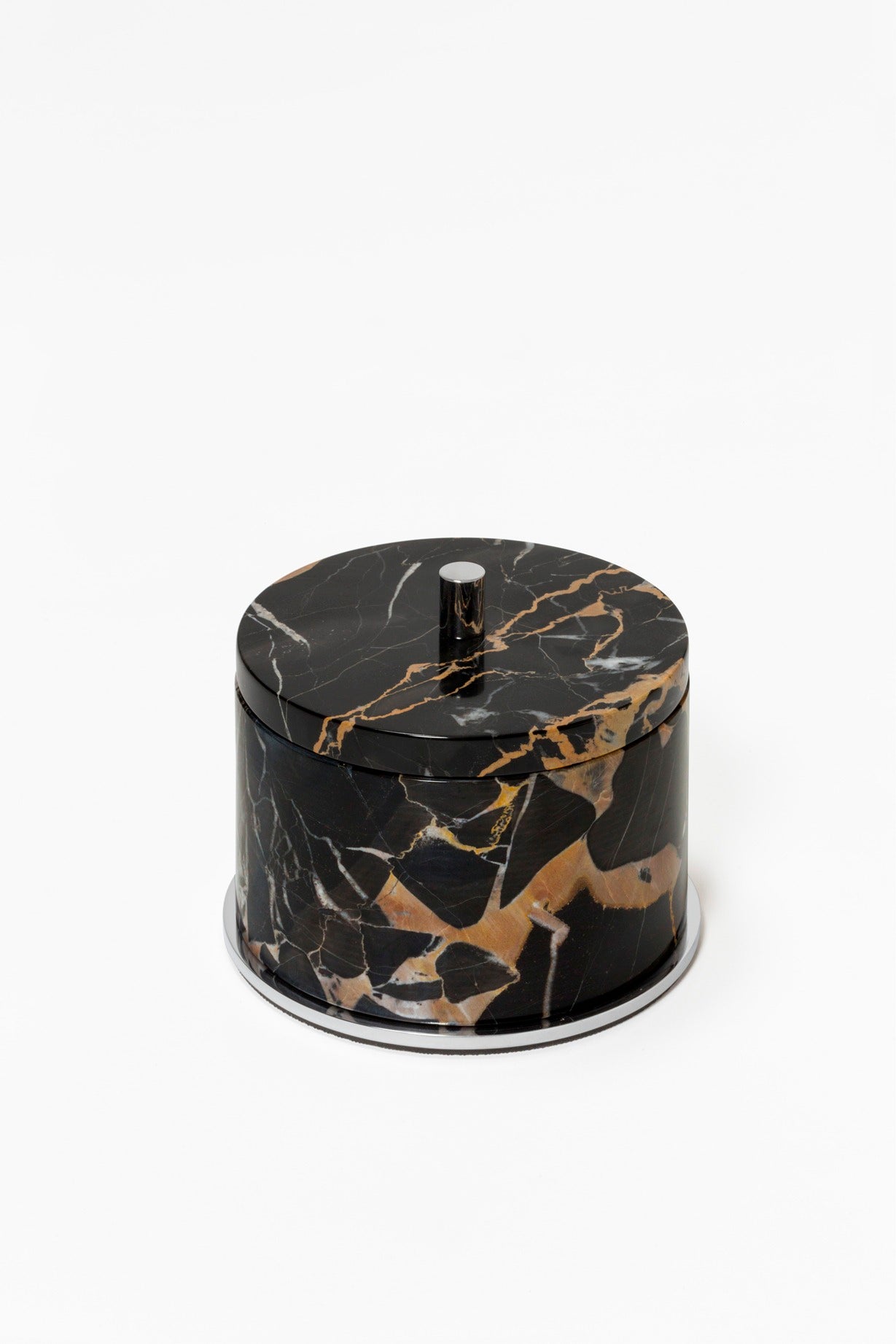 Giobagnara Positano Marble Bathroom Box | Marble structure with brass base frame | Non-slip waterproof rubber base underneath | Part of Positano Marble Bathroom Set | Unique Stone Patterns | Explore the Positano Collection at 2Jour Concierge, #1 luxury high-end gift & lifestyle shop