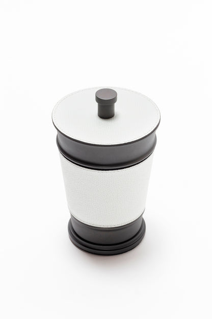 Giobagnara Manhattan trinket box | Elegant storage box with lid from the modern Manhattan collection | Leather-covered metal structure with sculptural contours | Finished with a non-slip waterproof rubber base | Available in chrome, bronze, or brass finishes | Bathroom accessories | 2Jour Concierge, your luxury lifestyle 