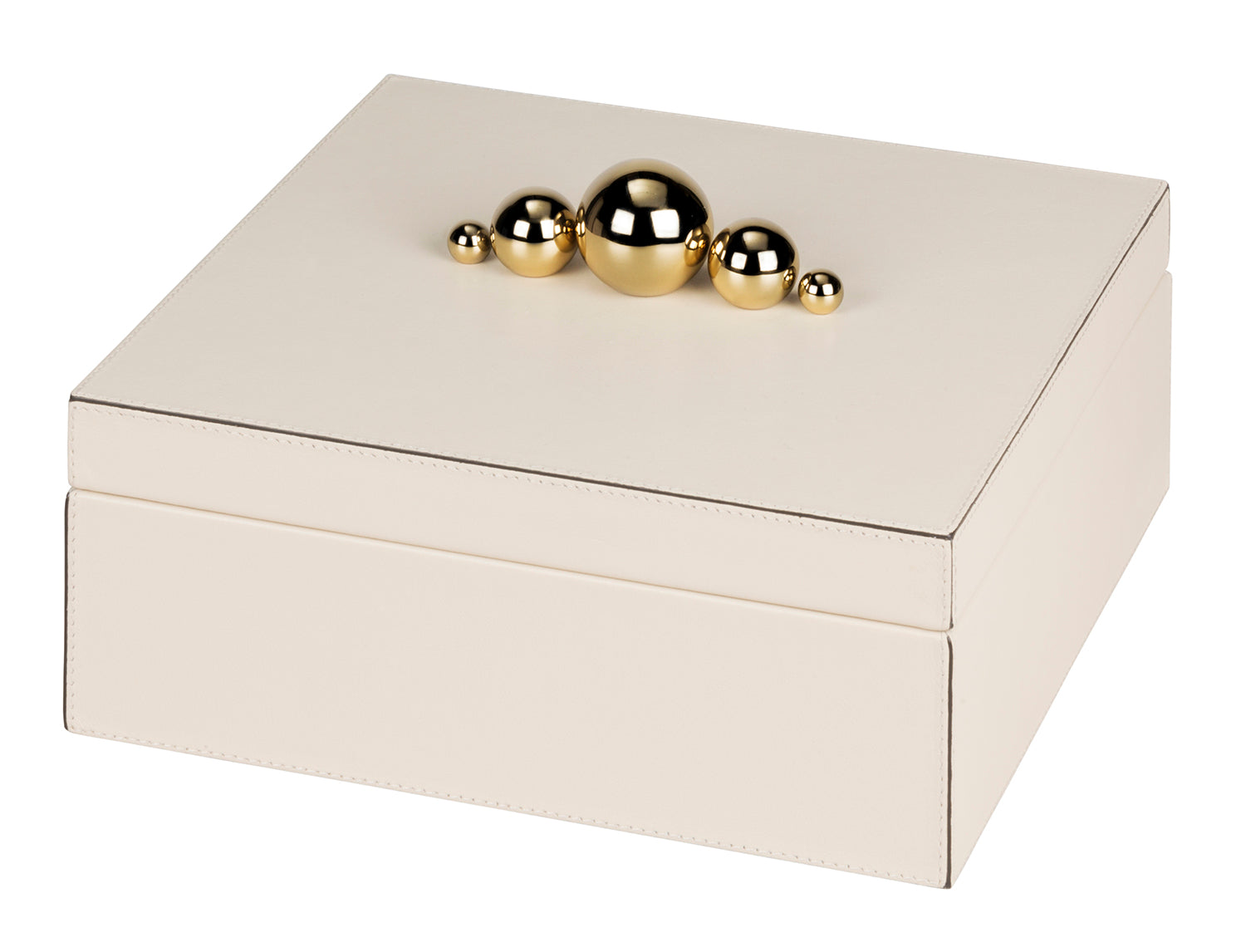 Champagne 5 Spheres Box by Giobagnara x Stephane Parmentier | A striking contrast of pure geometric forms, featuring a prism-shaped box and golden spheres as decorative handles | Inspired by the architecture of Etienne-Louis Boullée and the surrealist sculptures of Pol Bury | The golden spheres elevate the box into a high-decoration element | Home Decor and Storage | 2Jour Concierge, your luxury lifestyle shop