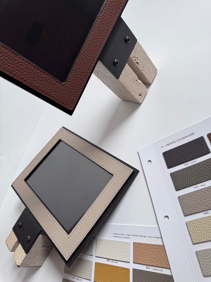 Pillar Metal & Marble Picture | Menu Frame Stand w Leather Inserts