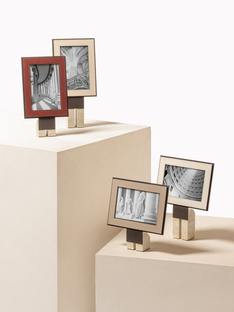 Giobagnara Pillar Leather Picture | Menu Frame Stand | Metal frame with luxurious all-leather accents or a leather and travertine combination | Available in various heights, vertical and horizontal orientations | Ideal for showcasing pictures, restaurant menus, or hospitality information | Monolithic column-like base inspired by classic architecture | Timeless strength and elegance | Designed by Simone Fanciullacci | Home Decor, Hospitality, and Accessories | 2Jour Concierge, your luxury lifestyle shop