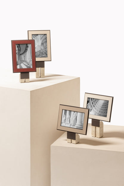 Giobagnara Pillar Leather Picture | Menu Frame Stand | Metal frame with luxurious all-leather accents or a leather and travertine combination | Available in various heights, vertical and horizontal orientations | Ideal for showcasing pictures, restaurant menus, or hospitality information | Monolithic column-like base inspired by classic architecture | Timeless strength and elegance | Designed by Simone Fanciullacci | Home Decor, Hospitality, and Accessories | 2Jour Concierge, your luxury lifestyle shop