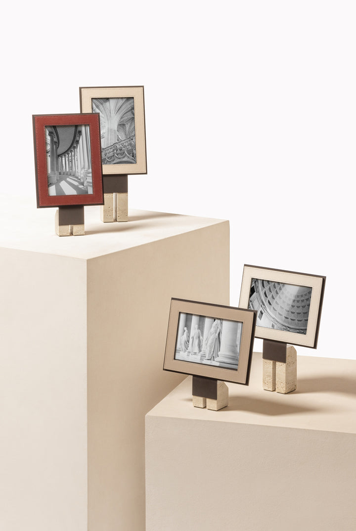 Giobagnara Pillar Leather Picture | Menu Frame Stand | Metal frame with luxurious all-leather accents or a leather and travertine combination | Available in various heights, vertical and horizontal orientations | Ideal for showcasing pictures, restaurant menus, or hospitality information | Monolithic column-like base inspired by classic architecture | Timeless strength and elegance | Designed by Simone Fanciullacci | Home Decor, Hospitality, and Accessories | 2Jour Concierge, your luxury lifestyle shop
