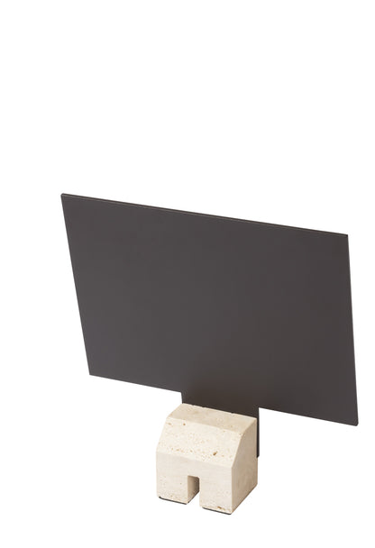 Giobagnara Pillar Leather Picture | Menu Frame Stand | Metal frame with luxurious all-leather accents or a leather and travertine combination | Available in various heights, vertical and horizontal orientations | Ideal for showcasing pictures, restaurant menus, or hospitality information | Monolithic column-like base inspired by classic architecture | Timeless strength and elegance | Designed by Simone Fanciullacci | Home Decor, Hospitality, and Accessories | 2Jour Concierge, your luxury lifestyle shop