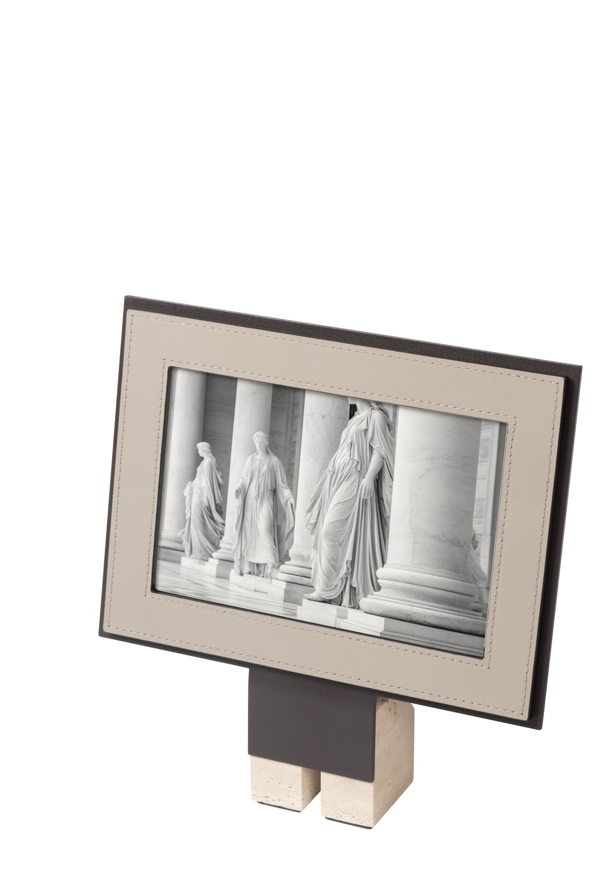 Giobagnara Pillar Leather Picture | Menu Frame Stand | Metal frame with luxurious all-leather accents or a leather and travertine combination | Available in various heights, vertical and horizontal orientations | Ideal for showcasing pictures, restaurant menus, or hospitality information | Monolithic column-like base inspired by classic architecture | Timeless strength and elegance | Designed by Simone Fanciullacci | Home Decor, Hospitality, and Accessories | 2Jour Concierge, your luxury lifestyle shop