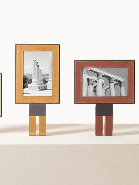 Giobagnara Pillar Leather Picture | Menu Frame Stand | Metal frame with luxurious all-leather accents or a leather and travertine combination | Available in various heights, vertical and horizontal orientations | Ideal for showcasing pictures, restaurant menus, or hospitality information | Monolithic column-like base inspired by classic architecture | Timeless strength and elegance | Designed by Simone Fanciullacci | Home Decor, Hospitality, and Accessories | 2Jour Concierge, your luxury lifestyle shop