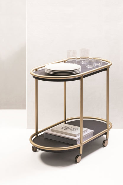 Giobagnara Arcade Trolley | Rectangular leather-covered four-wheel wood structure with brass frame | Brass structure and wheels available in three finishes | Furniture and Serveware | 2Jour Concierge, your luxury lifestyle shop