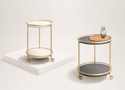 Giobagnara Arcade Trolley | Round, leather-covered four-wheel wood structure with brass frame and wheels | Brass available in three finishes | Furniture and Serveware | 2Jour Concierge, your luxury lifestyle shop