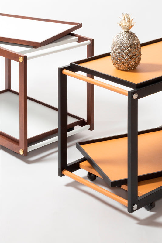 Giobagnara Jeremy Serving Trolley | Wood structure available in various finishes with fine leather and metal inserts | Includes two removable trays and omnidirectional wheels | Furniture and Serveware | 2Jour Concierge, your luxury lifestyle shop