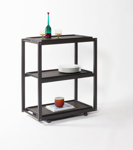 Giobagnara Jeremy Serving Trolley Three Levels | Wood structure available in various finishes with fine leather and metal inserts | Includes three removable trays and omnidirectional wheels | Furniture and Serveware | 2Jour Concierge, your luxury lifestyle shop