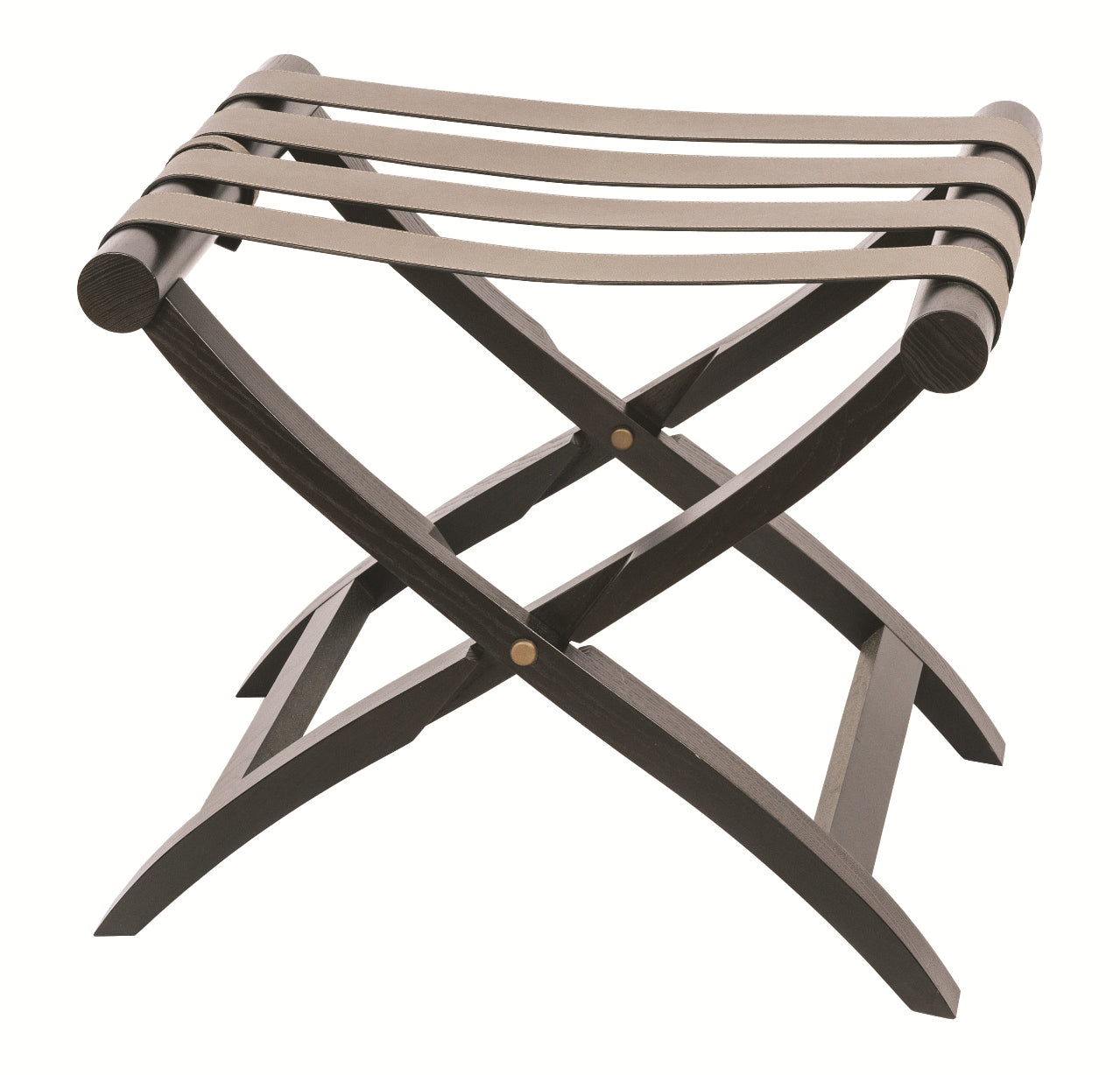 Giobagnara Luggage Rack | Sturdy oak folding structure with leather stripes as seat, featuring brass joints | Luggage Racks and Travel Accessories | 2Jour Concierge, your luxury lifestyle shop