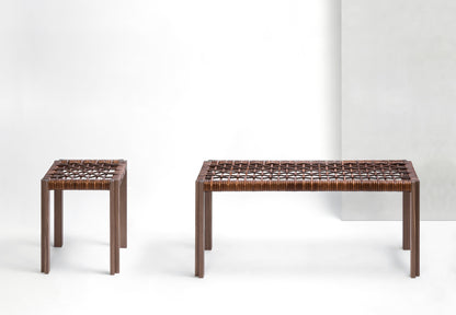 Giobagnara | Structura Crisscross Stool: Walnut wood stool with woven leather seat | Furniture / Stools | 2Jour Concierge, your luxury lifestyle shop | premium seating for expensive interiors, refined residences, and curated hospitality environments