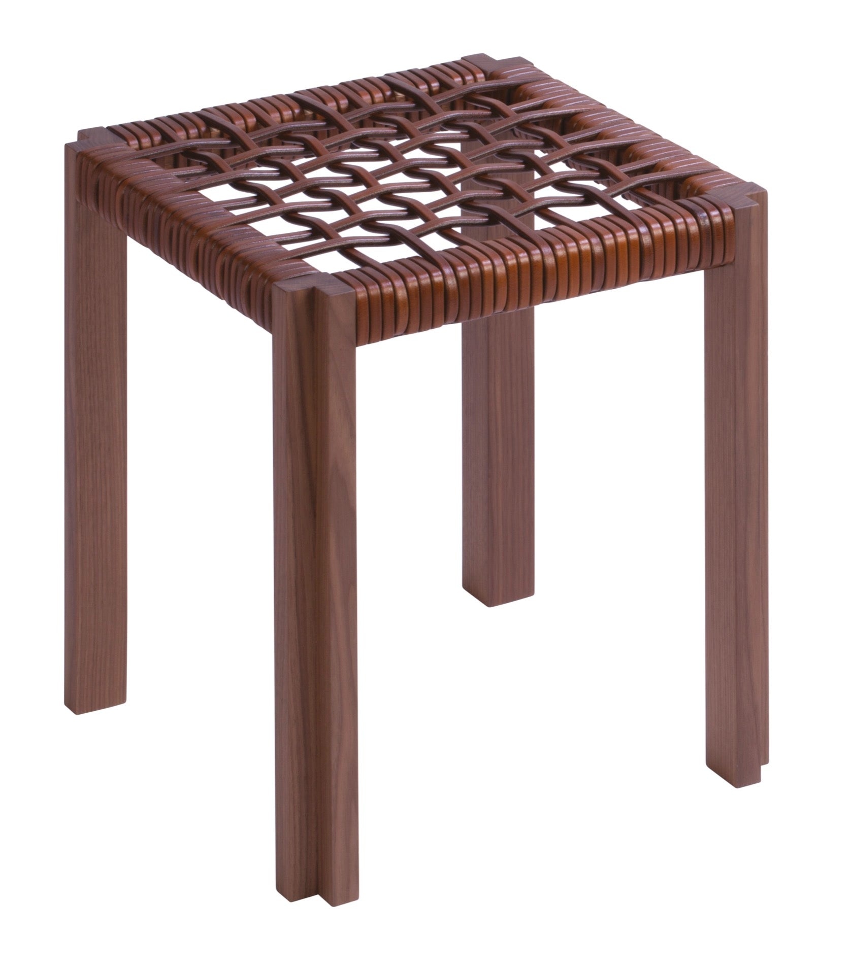 Giobagnara | Structura Crisscross Stool: Walnut wood stool with woven leather seat | Furniture / Stools | 2Jour Concierge, your luxury lifestyle shop | premium seating for expensive interiors, refined residences, and curated hospitality environments