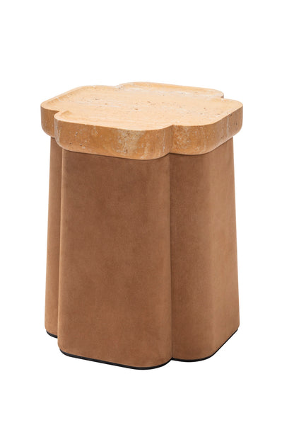 Giobagnara × Stéphane Parmentier Palladio | Side Tables: Suede leather bases with sculptural travertine tops in a selection of natural finishes, merging timeless elegance with modern sensibility | Furniture / Side Tables + Bar Tables | 2Jour Concierge, your luxury lifestyle shop | luxury interiors, hospitality décor, elegant living, boutique hotels, refined lifestyle, yacht décor, office décor, designer furniture
