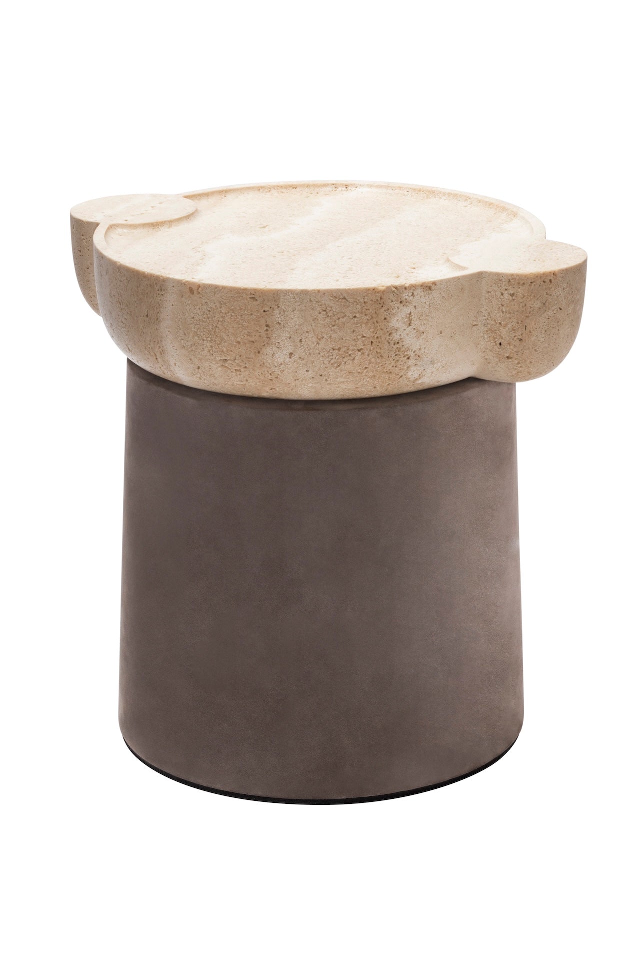 Giobagnara × Stéphane Parmentier Palladio | Side Tables: Suede leather bases with sculptural travertine tops in a selection of natural finishes, merging timeless elegance with modern sensibility | Furniture / Side Tables + Bar Tables | 2Jour Concierge, your luxury lifestyle shop | luxury interiors, hospitality décor, elegant living, boutique hotels, refined lifestyle, yacht décor, office décor, designer furniture