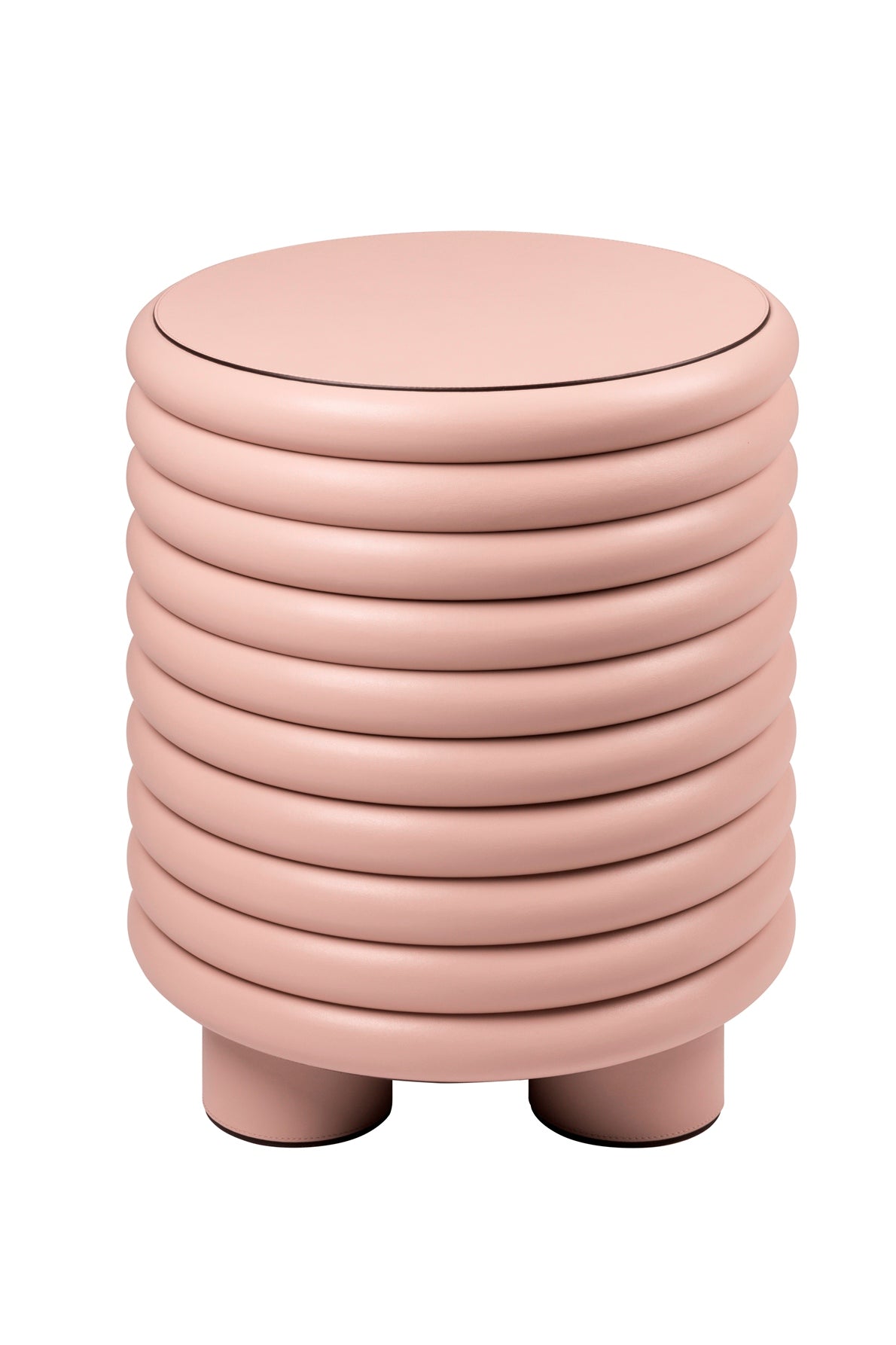 Giobagnara x Stephane Parmentier Scala Leather-Covered Stool | Inspired by the "stacked" shape seen in Italian architecture and Salvatore Ferragamo’s iconic heel | The Scala collection features furniture and decor with a recurring layered motif, highlighted by thick legs for a delicate graphic line | Pure cylindrical shapes or grouped duos and trios form stools or occasional tables | Elegance achieved through precise proportions | Available in light, dark, or muted colors to match or contrast | Home Decor a